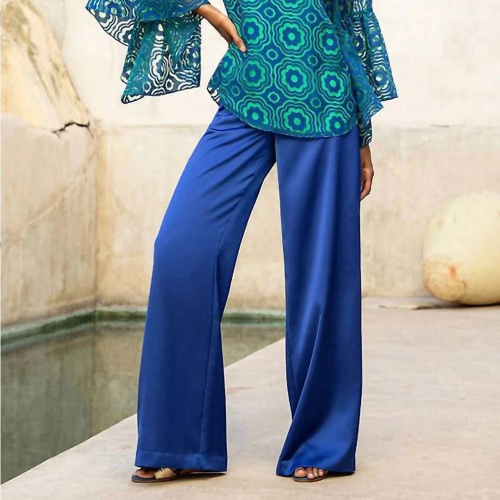 NWT Trina Turk Ines Wide Leg Royal Blue Side Zip Satin Pants - Picture 3 of 5
